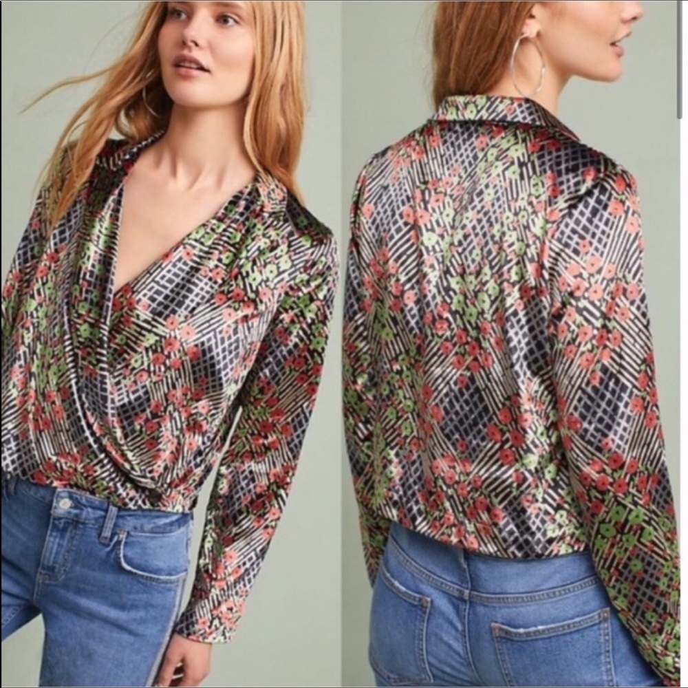 Anthropologie Floral Draped Satin Blouse in Black, Pink & Green